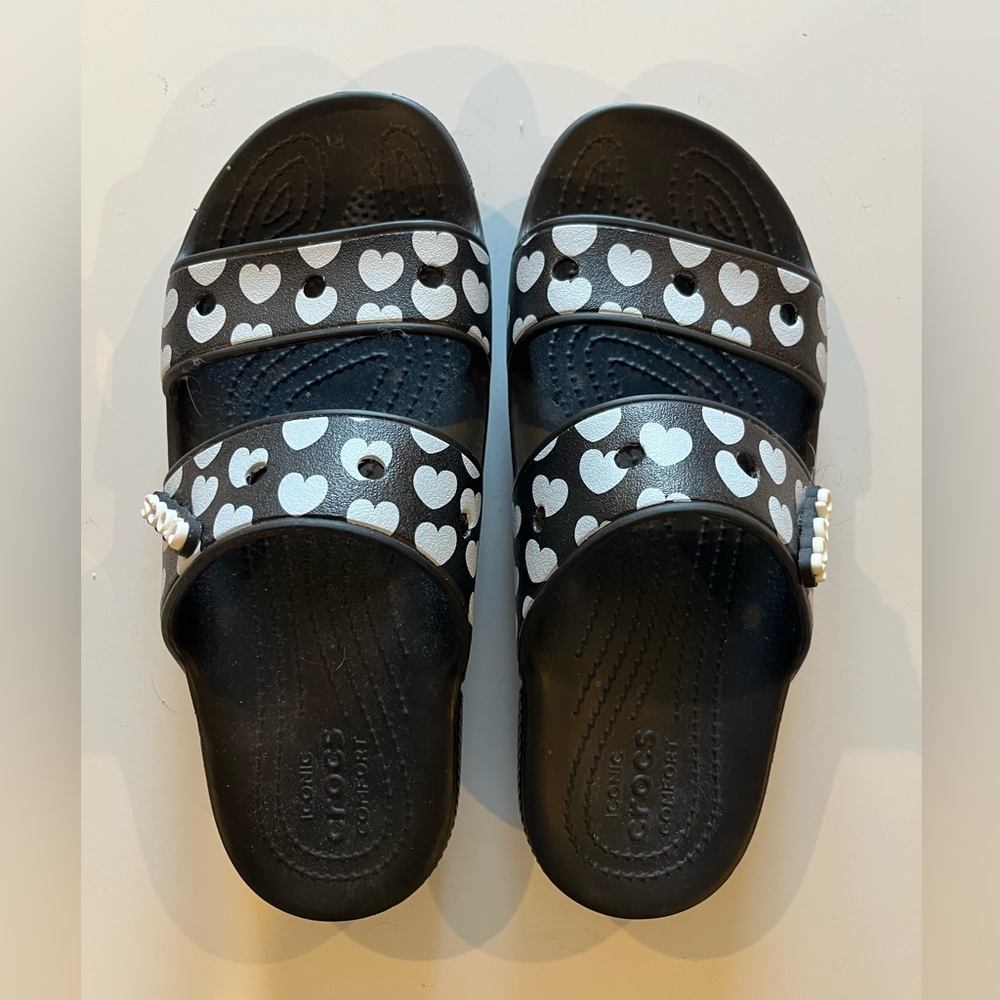 CROCS Black Slide Sandals with White Heart Print